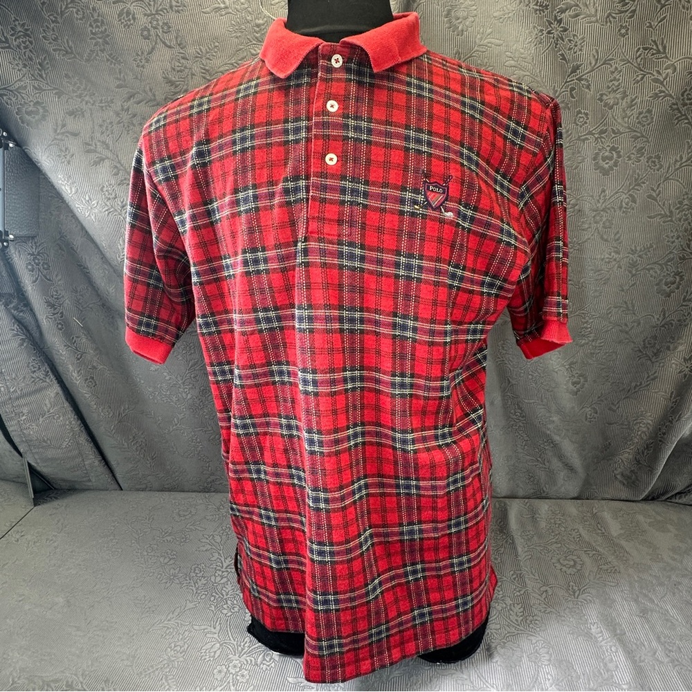 Polo Ralph Lauren Red Tartan Plaid Flannel Polo Shirt, Vintage USA Made L 46”CH